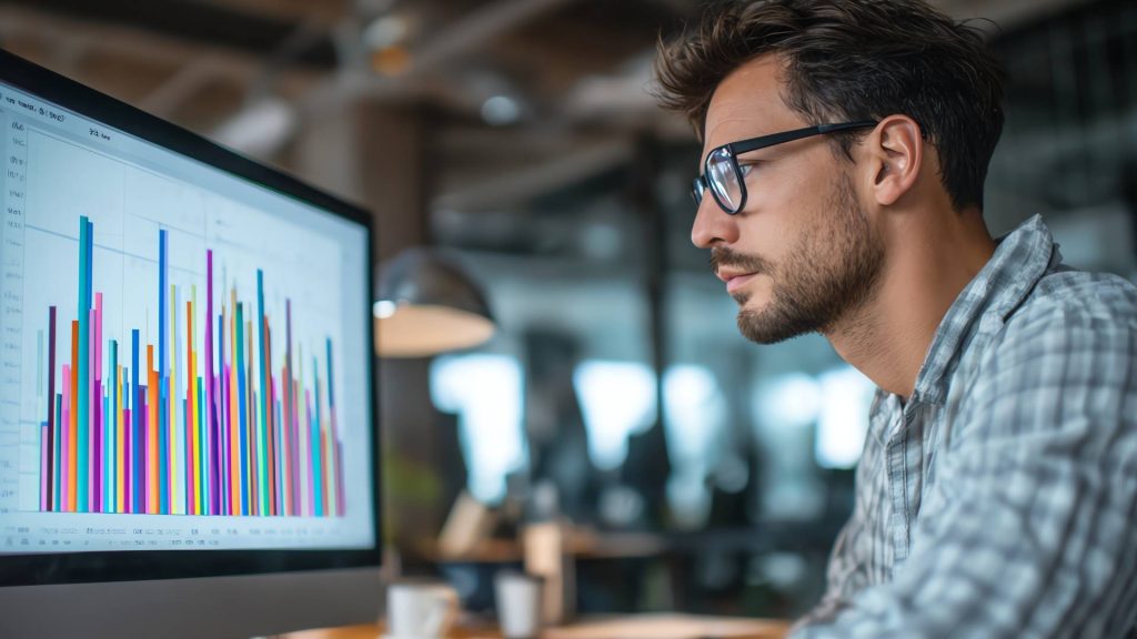 Un hombre con gafas observa un gráfico en la pantalla de un ordenador.