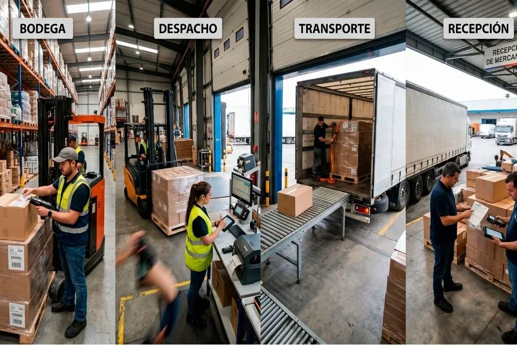 Collage de cuatro etapas de la cadena logística con equipos tecnológicos en uso: bodega, despacho, transporte y recepción de mercancía