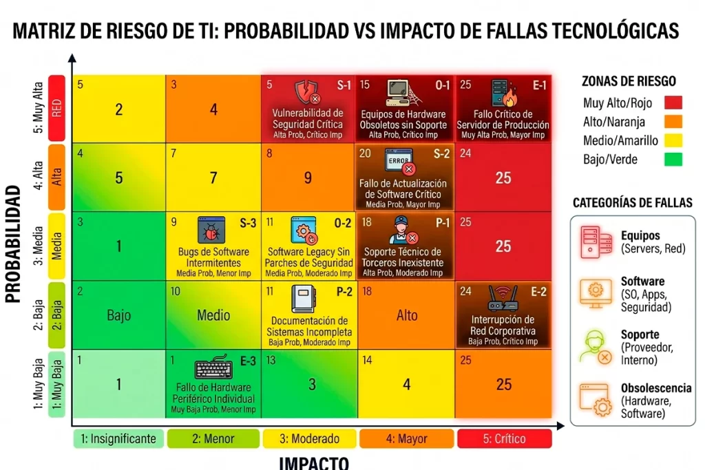 Matriz de riesgo de TI con probabilidad e impacto de fallas
tecnológicas en empresas colombianas, mitigable con renting de APG