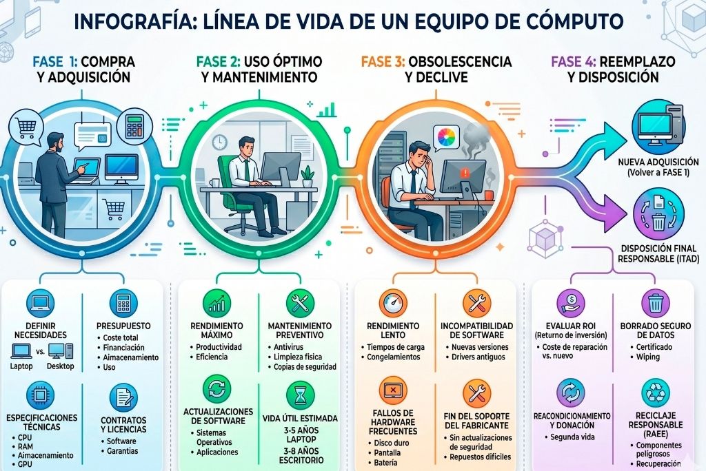 Infografía de las 4 fases del ciclo de vida de un equipo de cómputo empresarial: compra, uso óptimo, obsolescencia y reemplazo.