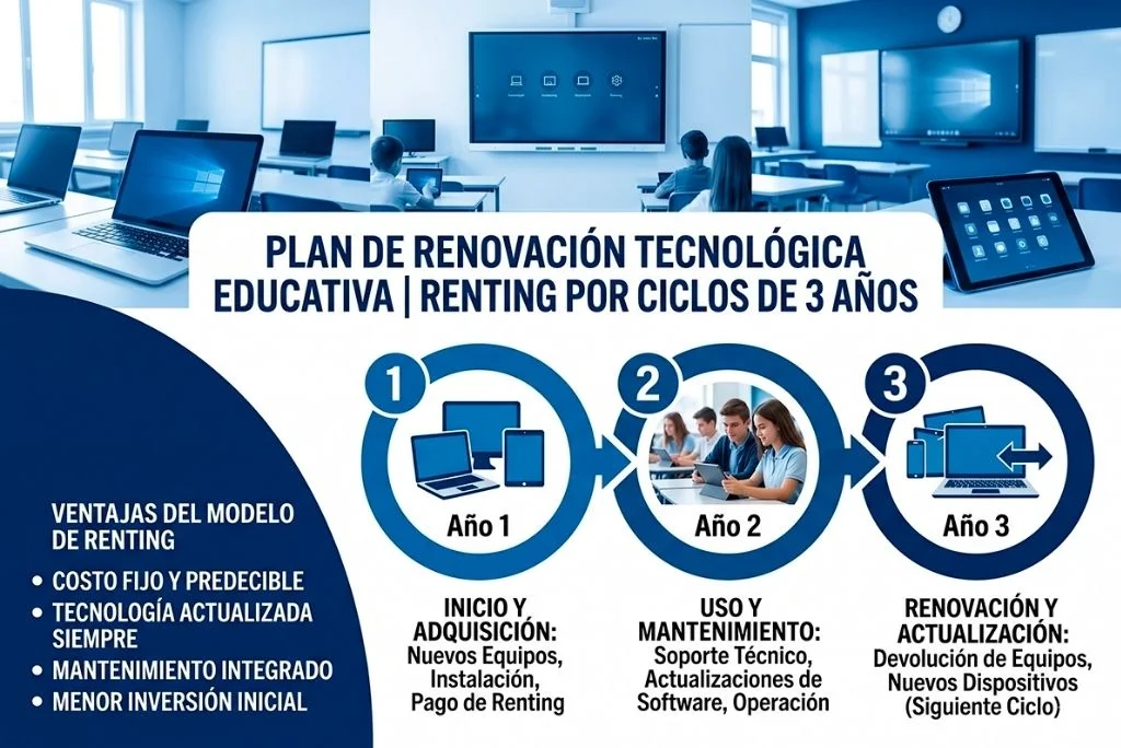 Infografía del plan de renting tecnológico educativo en ciclos de tres años: adquisición, uso con soporte y renovación de equipos