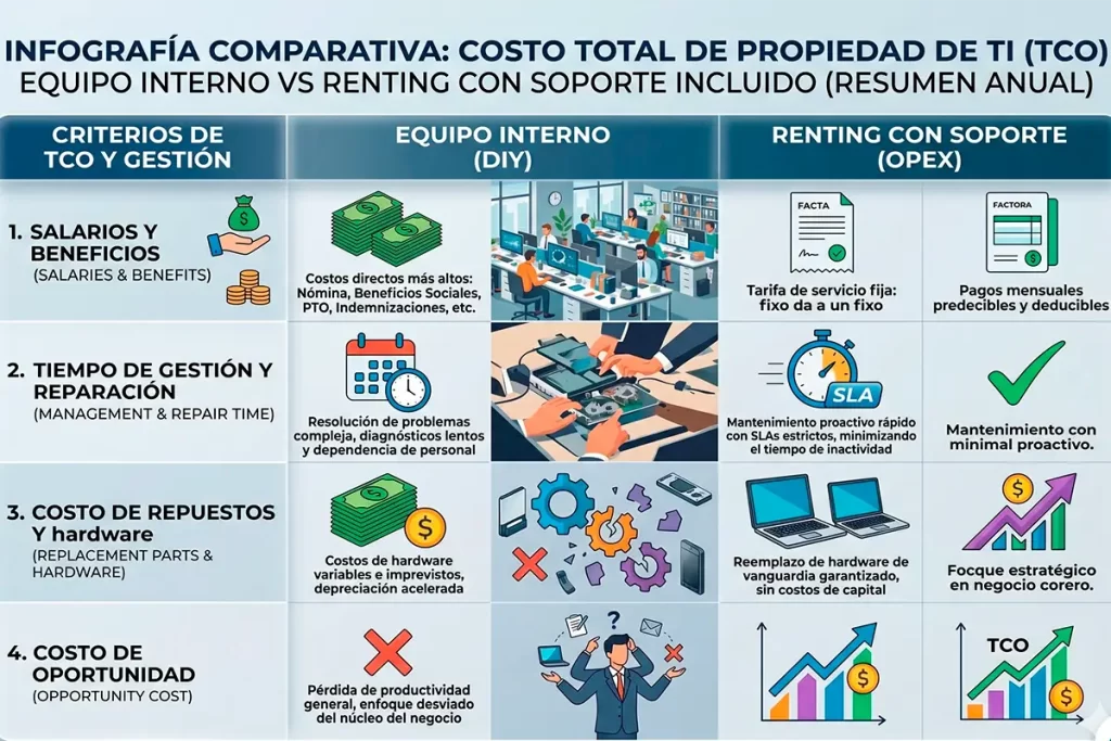 Infografía comparativa del costo total de propiedad (TCO): equipo de TI interno versus renting tecnológico con soporte incluido en empresas