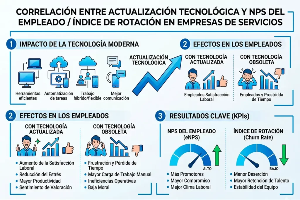 Infografía sobre el impacto de la tecnología actualizada en el NPS del empleado y el índice de rotación en empresas de servicios