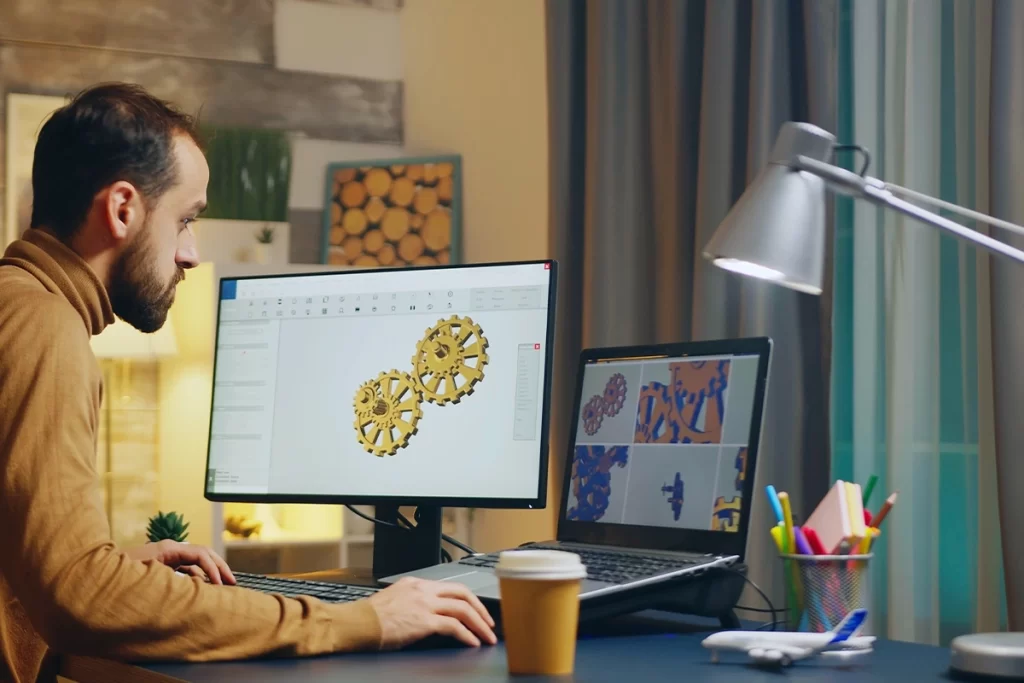 Ingeniero trabajando en software CAD 3D en computador de alto rendimiento alquilado a APG Tecnología para diseño en Colombia