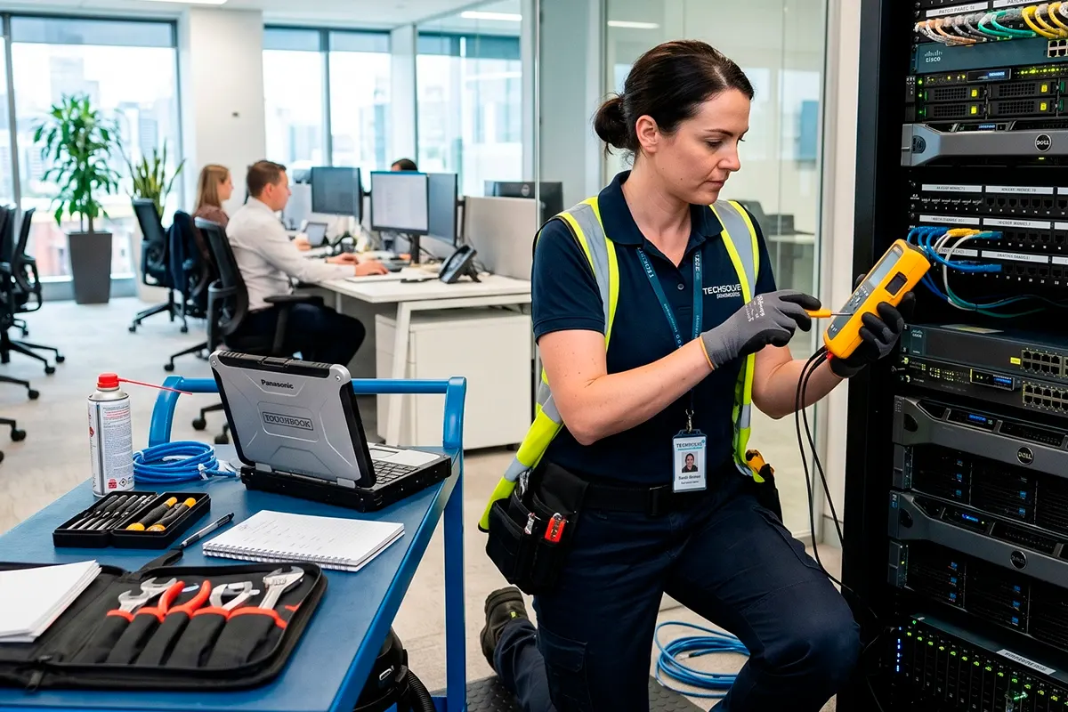 Técnica de soporte de TI realizando mantenimiento en rack de servidores en oficina empresarial