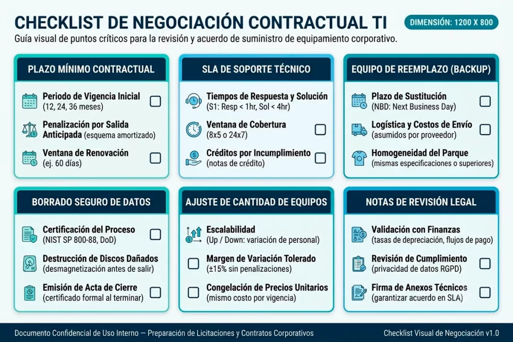 Checklist de negociación contractual de TI con puntos críticos de renting tecnológico.
