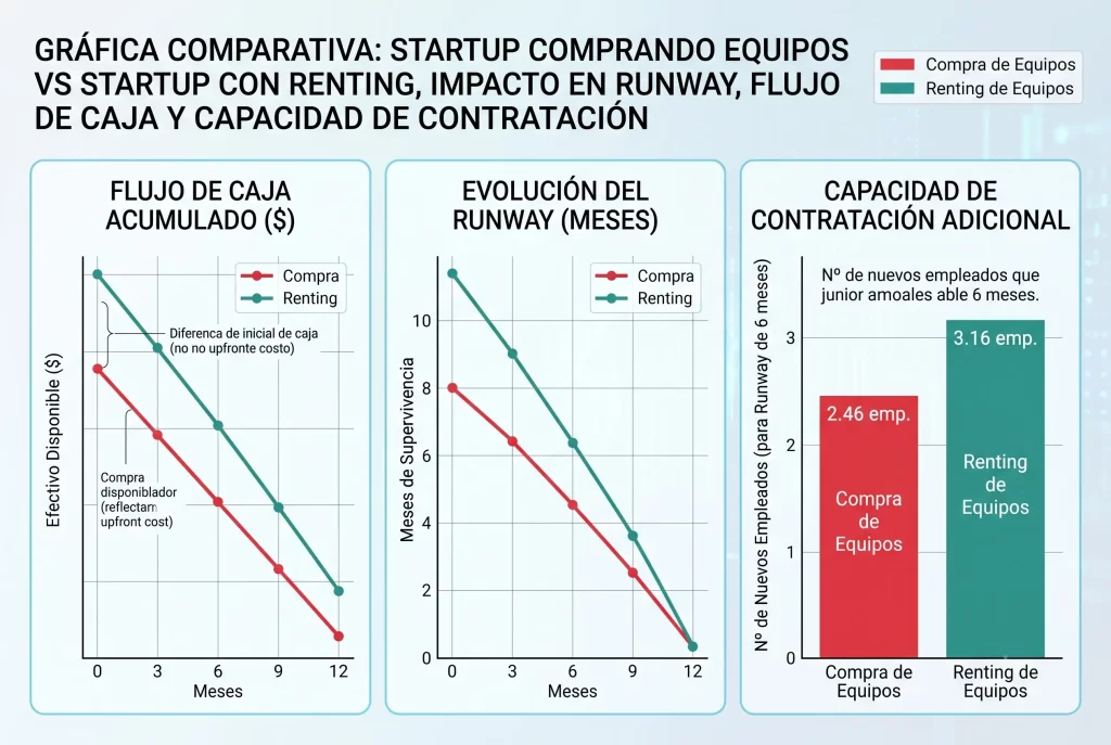 Gráfica comparativa de startup comprando equipos versus renting en flujo de caja y runway
