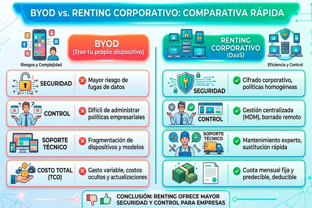 Infografía comparativa de BYOD versus renting corporativo en seguridad y costos.
