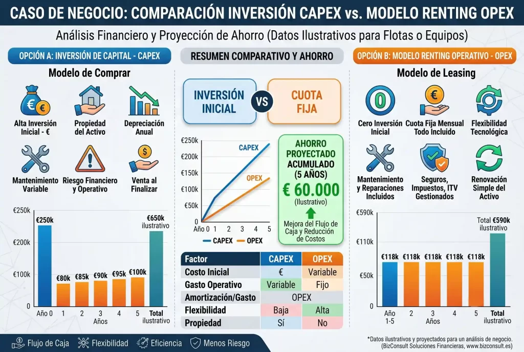 Infografía comparativa de modelo CAPEX versus OPEX en renting tecnológico con proyección de ahorro.
