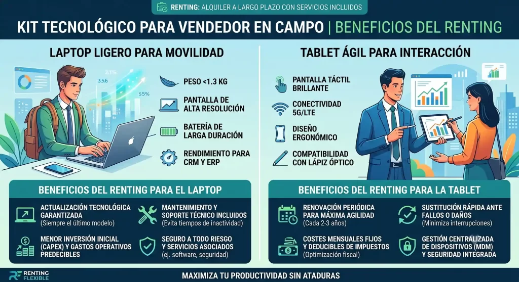 Infografía del kit tecnológico para vendedor en campo con beneficios de renting laptop y tablet.