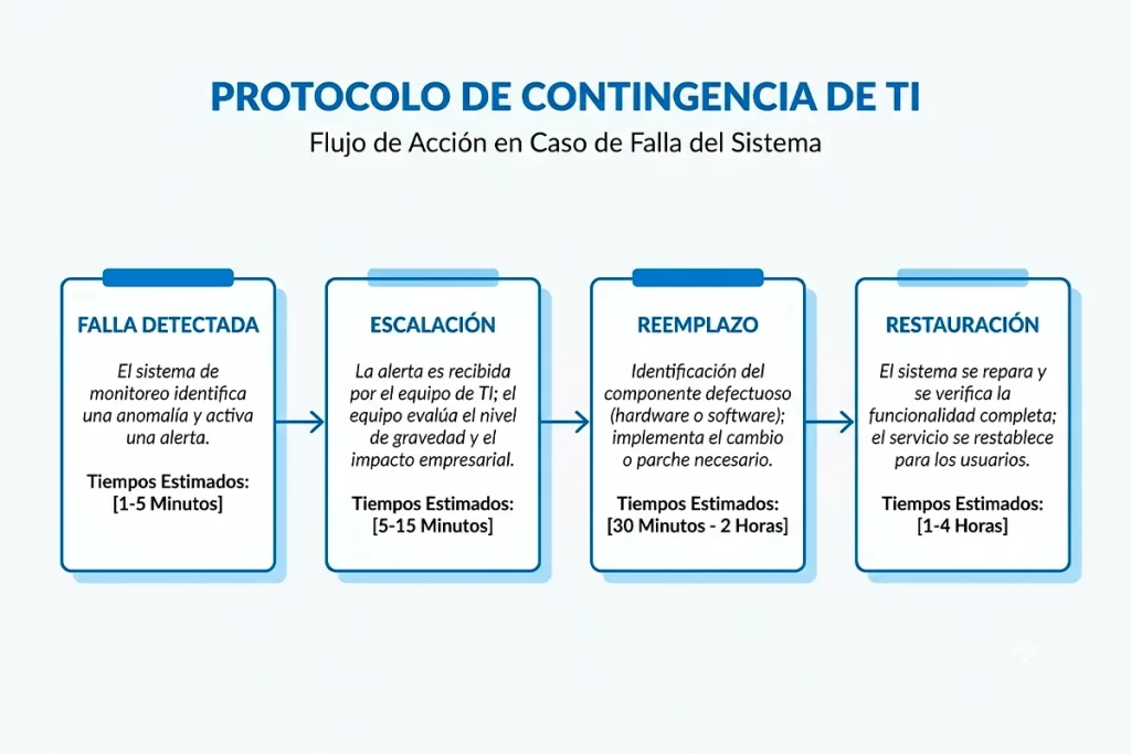 Infografía del protocolo de contingencia de TI con flujo de acción ante falla del sistema.