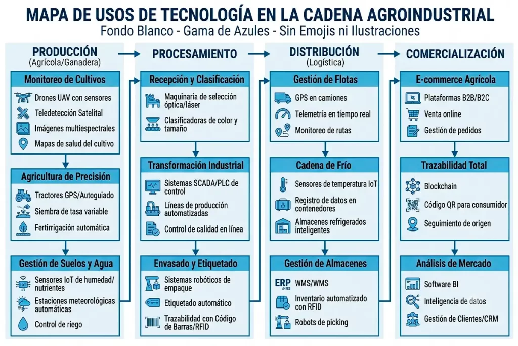 Infografía del mapa de usos tecnológicos en la cadena agroindustrial colombiana.
