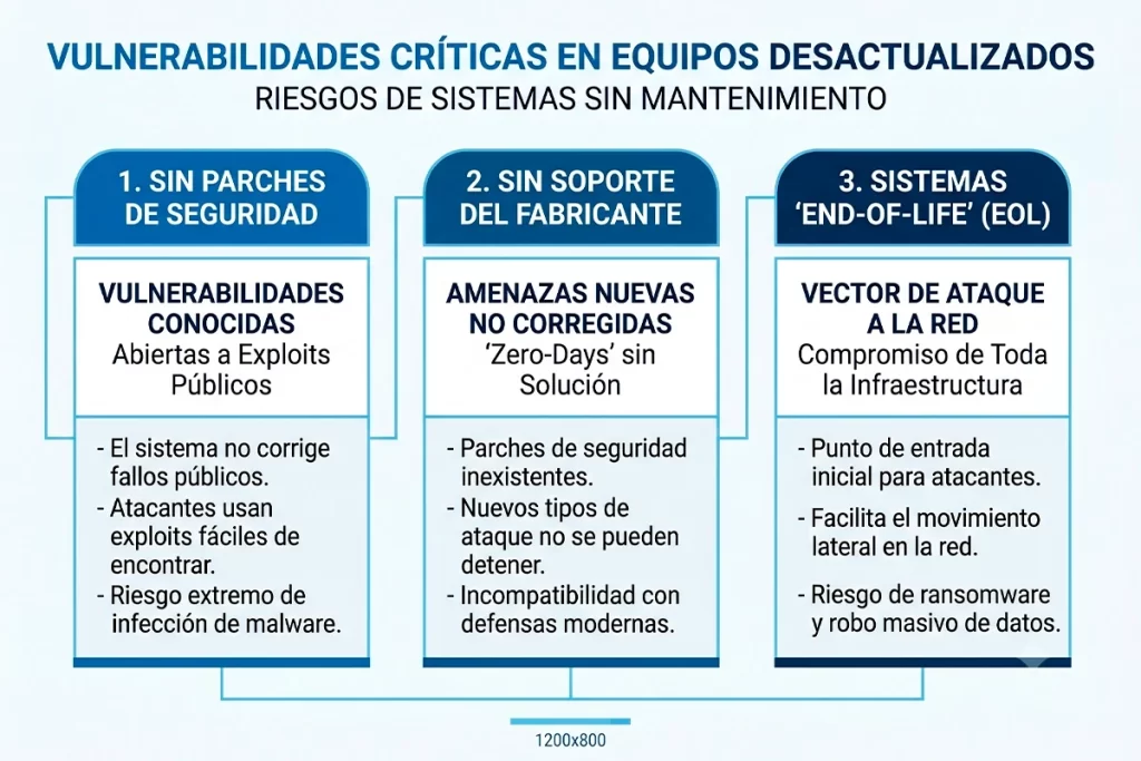 Infografía de vulnerabilidades críticas en equipos desactualizados sin mantenimiento.