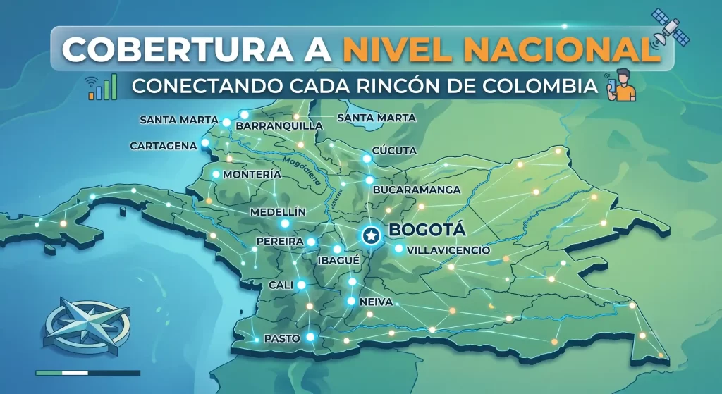 Mapa de cobertura tecnológica nacional de APG conectando ciudades de Colombia.
