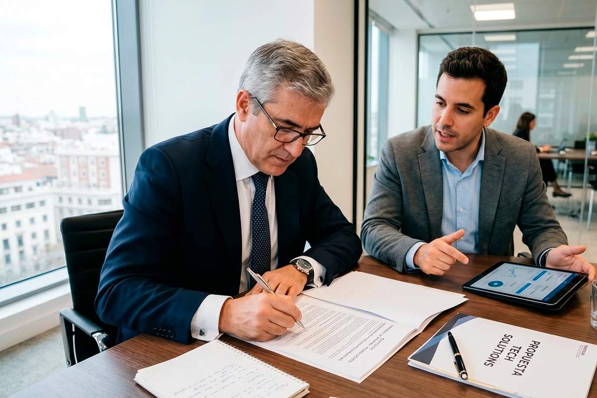 Dos ejecutivos negociando y firmando contrato de renting tecnológico en oficina.