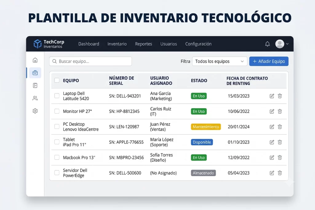 Plantilla de inventario tecnológico con equipos, seriales y estado de renting por usuario.