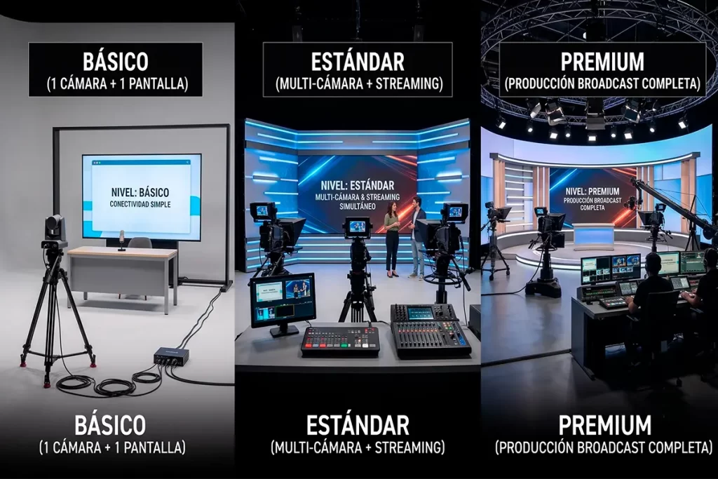 Servicio de alquiler de kits audiovisuales para eventos híbridos y streaming profesional en empresas colombianas.