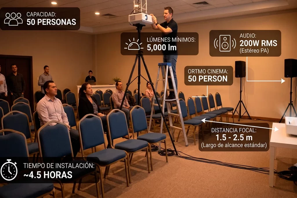 Infografía con requerimientos de lúmenes, sonido y tiempo de instalación para cines corporativos de 50 personas.