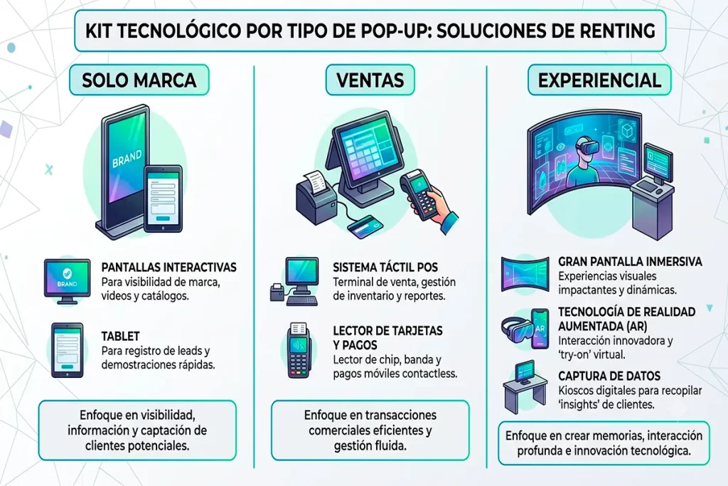 Infografía comparativa de kits de renting tecnológico para pop-up stores clasificando soluciones para marca.