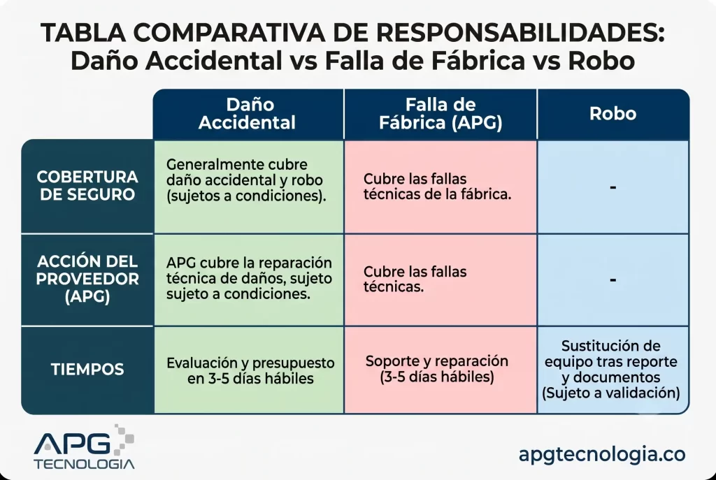 Infografía con tabla de tres columnas comparando cobertura de seguro, acción del proveedor y tiempos de respuesta.