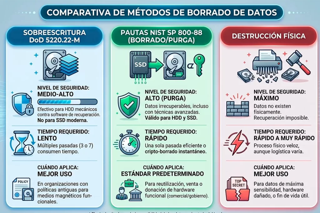 Comparativa de métodos de borrado seguro de datos al devolver equipos en renting o alquiler tecnológico.