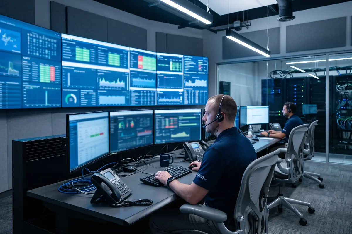 Analista usando equipos renting en un centro de operaciones NOC para monitoreo TI.