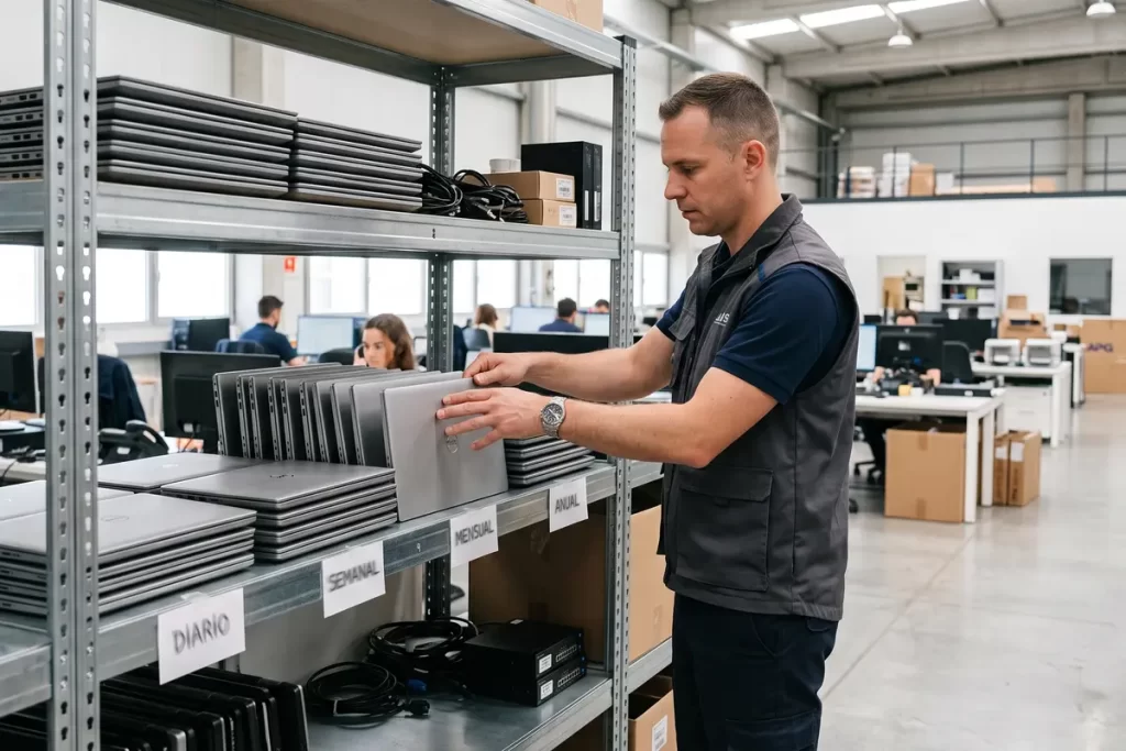 Técnico en bodega organizando laptops según el tiempo mínimo de alquiler de computadores.