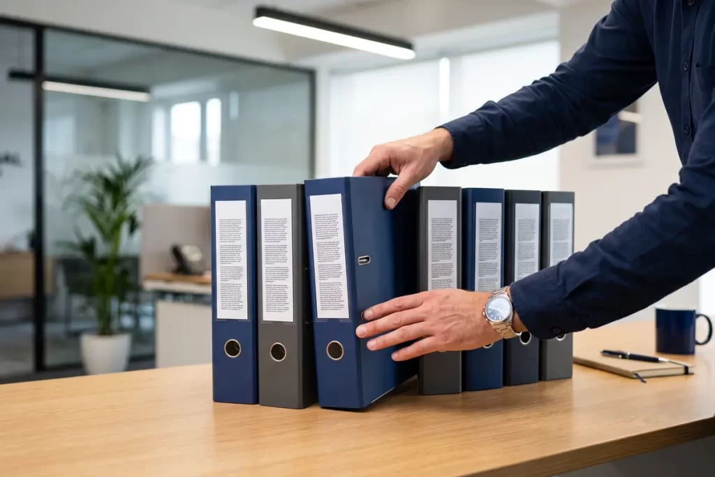 Hombre revisando carpetas con los documentos necesarios para alquiler de equipos tecnológicos.