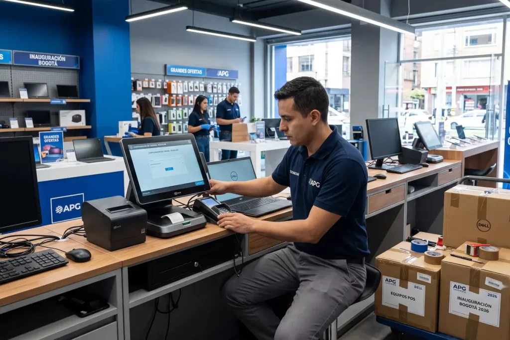 Técnico configurando equipos renting para apertura de sucursales y puntos de venta en Colombia.
