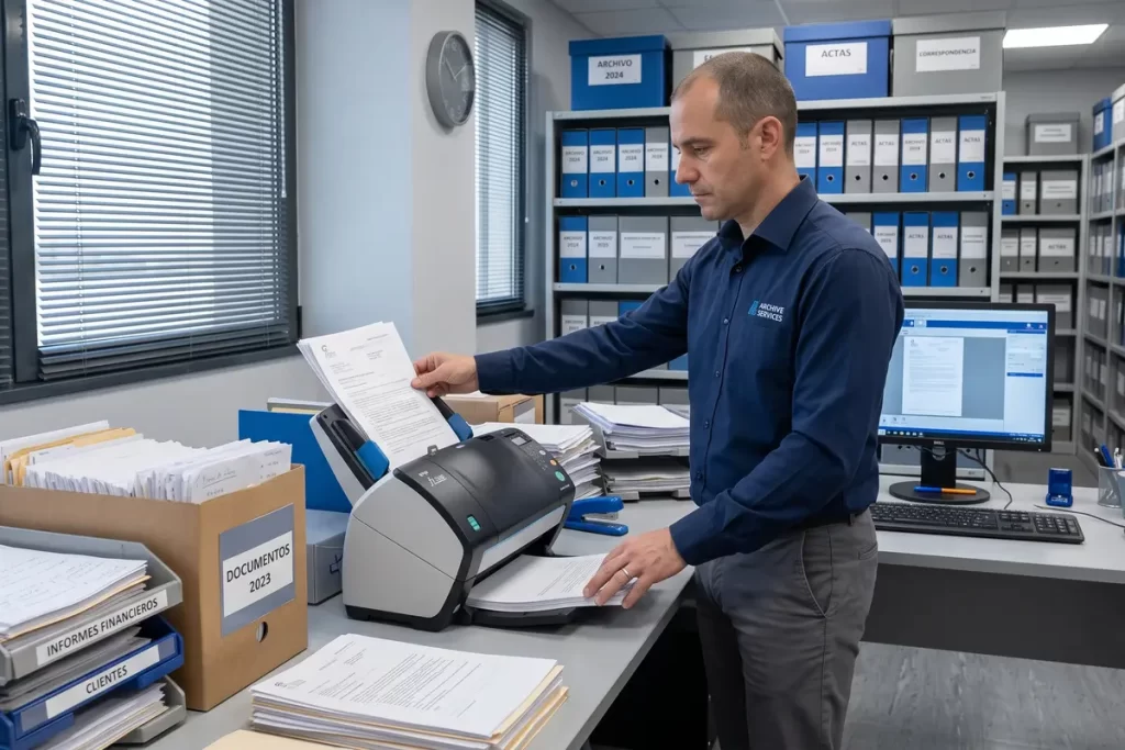 Empleado escaneando documentos con renting de equipos para digitalización de archivos y gestión documental.
