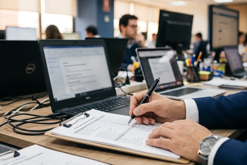 Persona llenando un formulario sobre cómo cotizar el alquiler de equipos y el brief de contrato.