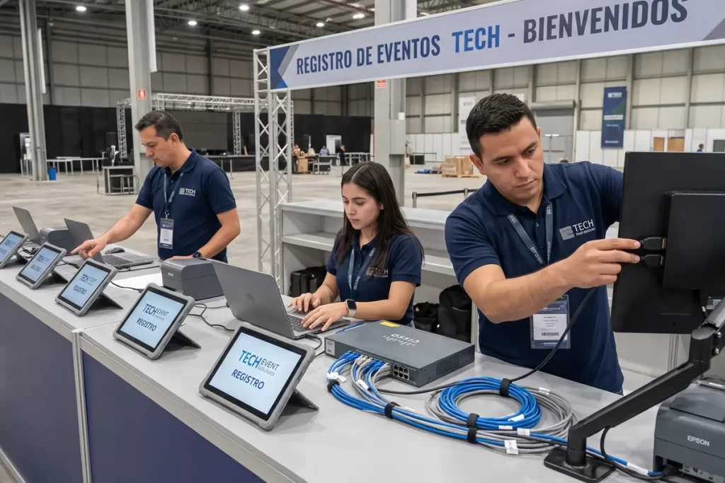 Técnicos instalando equipos para dimensionar tecnología en feria de 2000 asistentes.