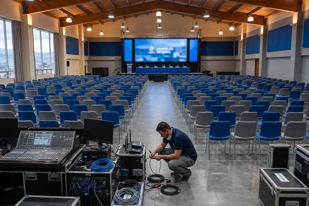 Técnico instalando equipos de tecnología en renting para una asamblea de copropietarios.