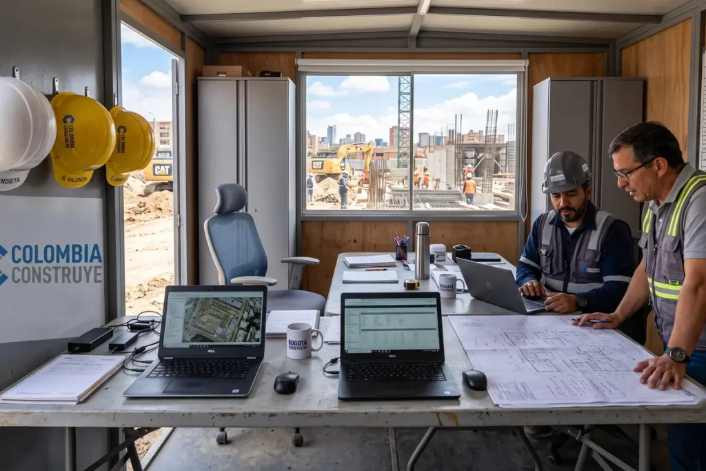 Ingenieros revisando planos y usando el renting de computadores en proyectos de construcción y obra civil.