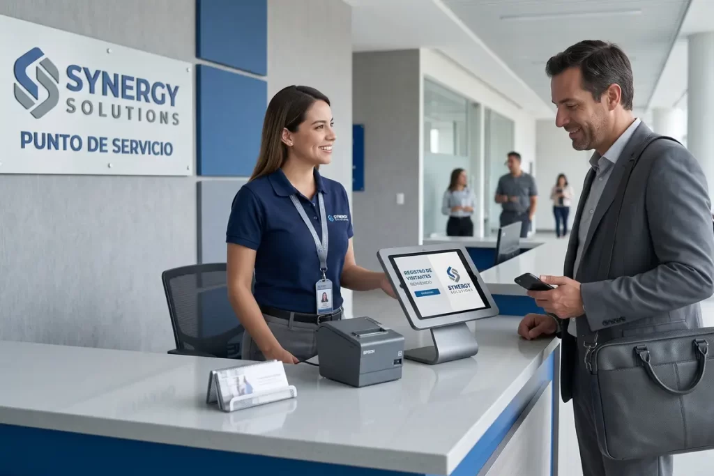 Una empleada atiende a un visitante en un mostrador con un quiosco de registro de visitantes digital de Synergy Solutions.