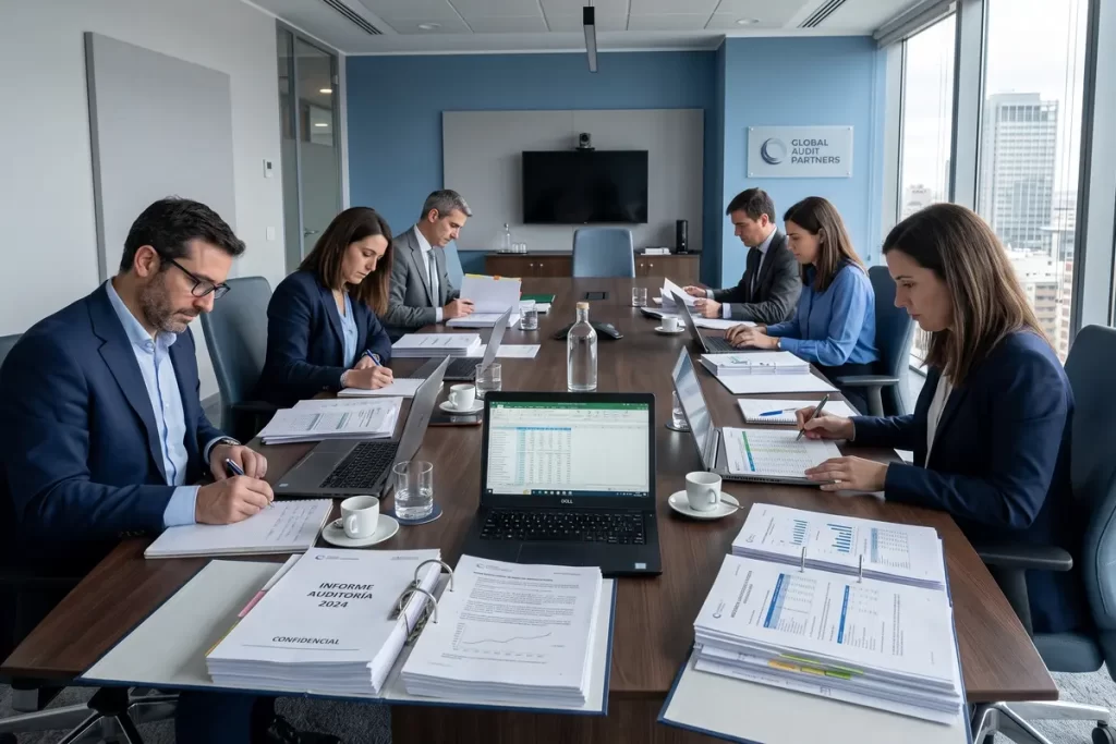 Auditores reunidos usando equipos renting para auditoría interna, due diligence y migración.
