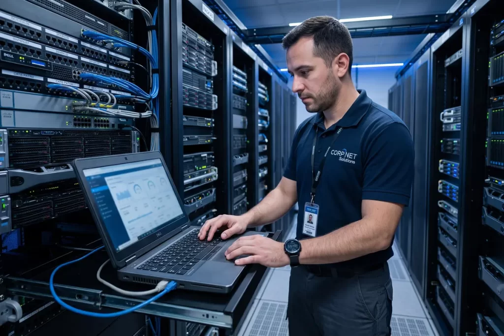 Técnico configurando el renting de computadores y servidores para migración tecnológica y modernización.