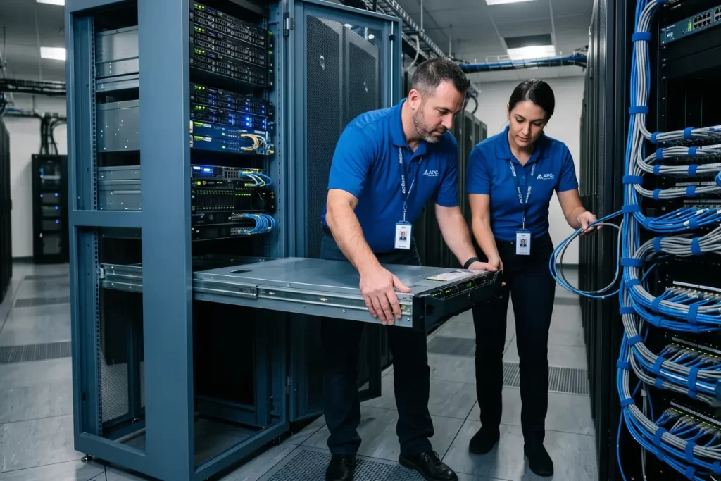 Técnicos gestionando el renting de computadores y servidores para migración tecnológica y modernización.