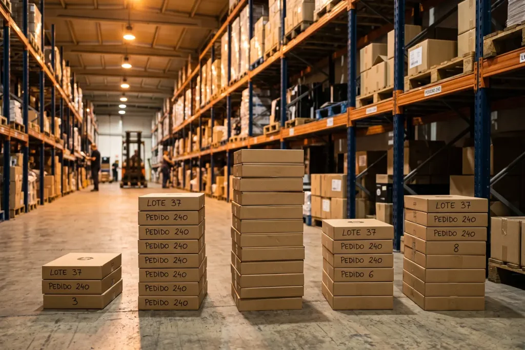 Cajas apiladas en forma de gráfico de barras dentro de un almacén para comparar renting vs compra de equipos.