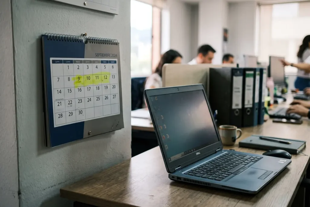 Laptop sobre escritorio junto a un calendario de pared con fechas señaladas para la temporada de auditoría