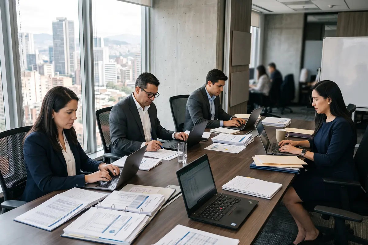Equipo de auditores trabajando con laptops alquiladas en una mesa de reuniones