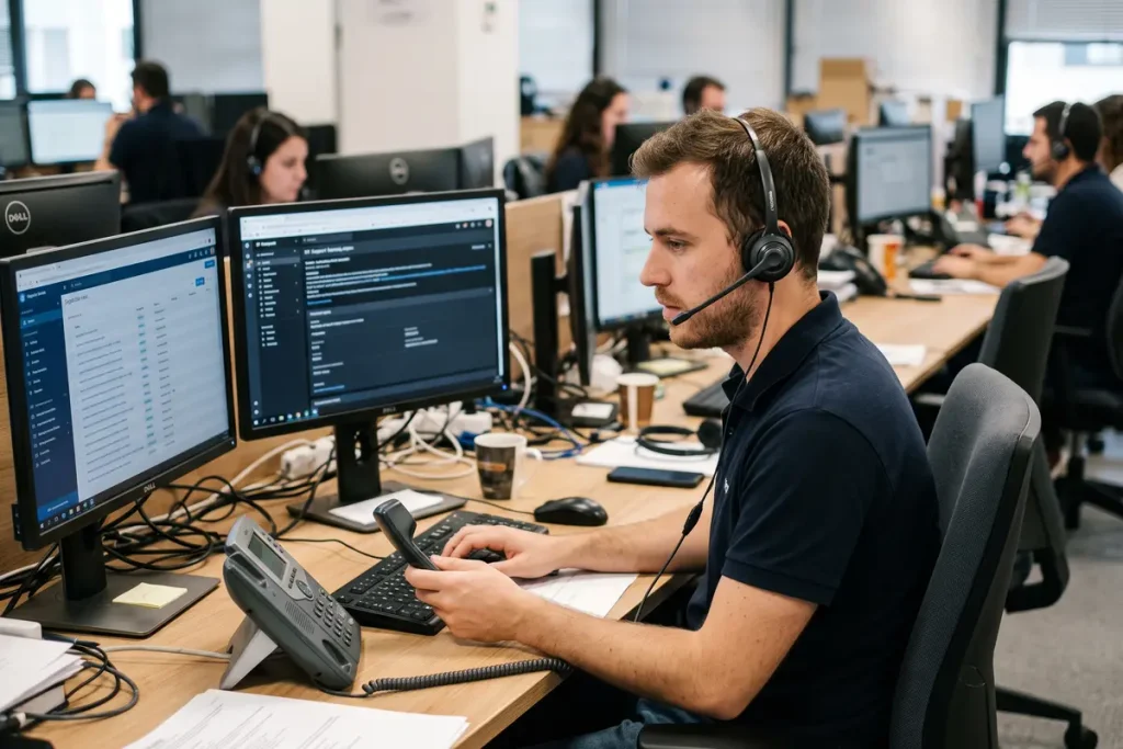 Profesional de soporte técnico TI atendiendo llamadas y gestionando incidencias como parte de los servicios gestionados de renting