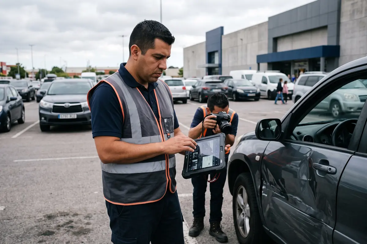 Ajustador de seguros usando una tablet resistente para registrar daños de un vehículo junto a un fotógrafo en un estacionamiento