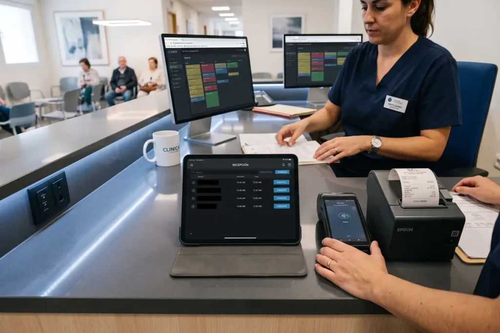 Recepción de clínica médica equipada con tablets y ordenadores en renting para la administración de historias clínicas digitales