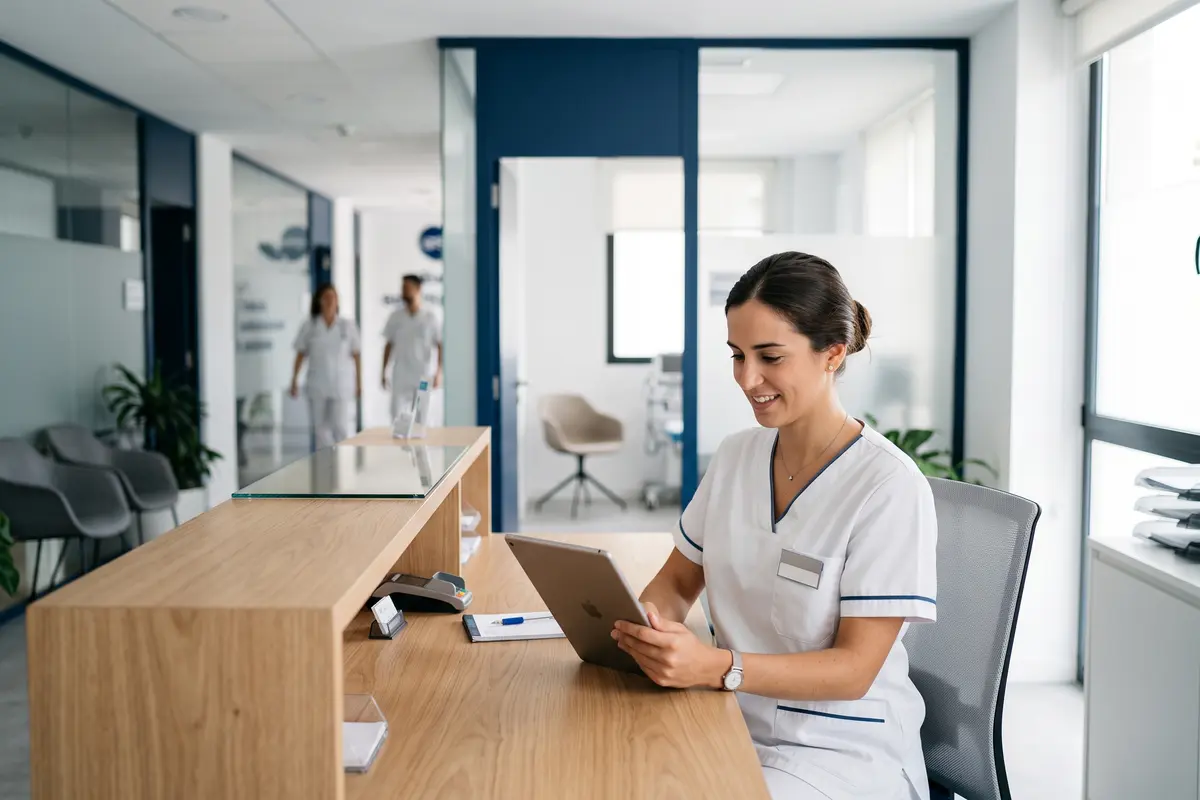 Recepcionista médica utilizando una tablet para gestionar la historia clínica digital en la recepción de un centro médico