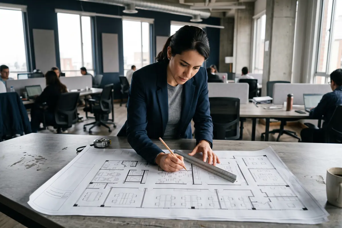 Arquitecta diseñando los planos de distribución para un espacio de coworking y trabajo flexible