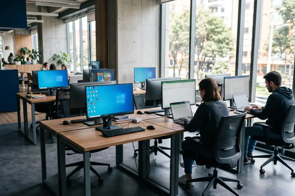 Profesionales trabajando con ordenadores y portátiles integrados mediante renting tecnológico en una oficina flexible