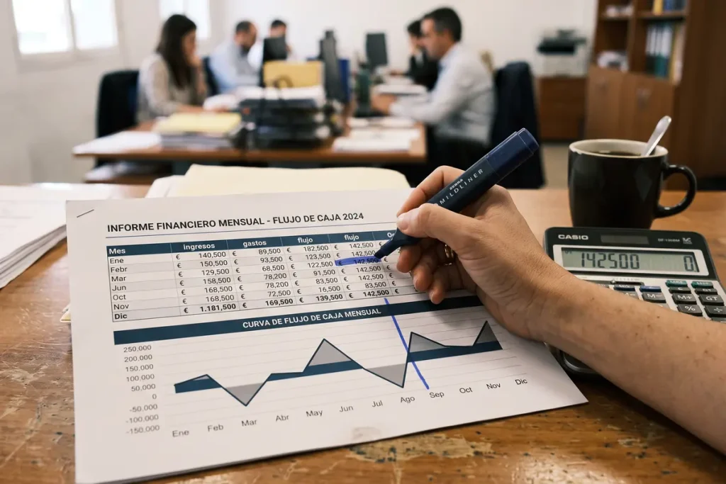 Mano de un analista resaltando datos en un informe financiero de flujo de caja para evaluar gastos de OpEx y CapEx en TI