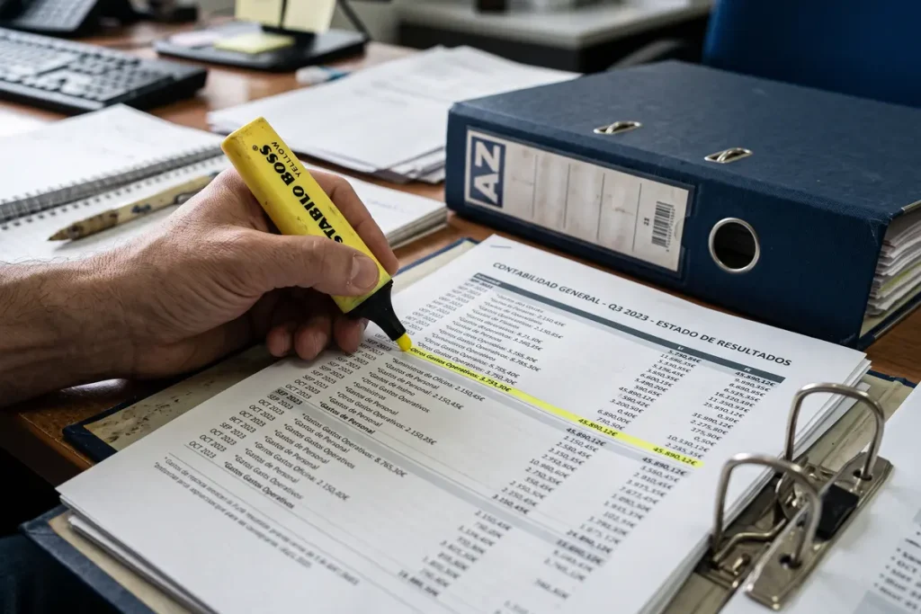 Mano resaltando con marcador amarillo estados financieros y gastos operativos para un cierre fiscal.
