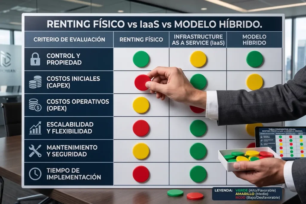 Cuadro comparativo evaluando costes, escalabilidad y mantenimiento del renting tecnológico frente a IaaS y modelos híbridos.